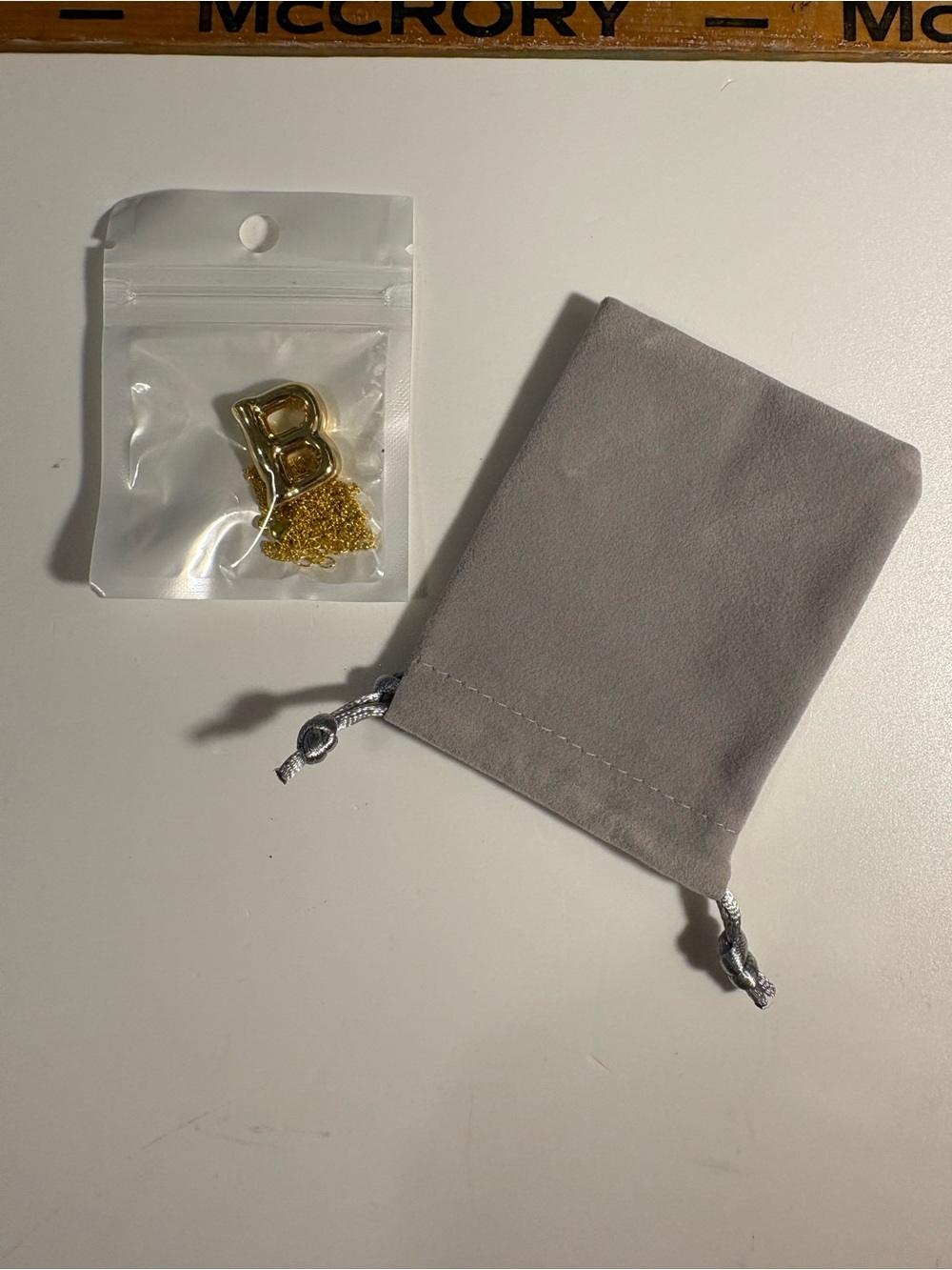 Gold Letter B Charm Necklace with Gray Suede Pouch